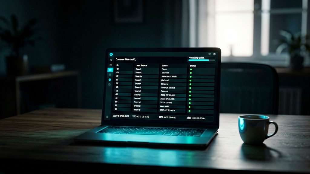 Cinematic shot of a dark home office at night with a single laptop screen glowing softly