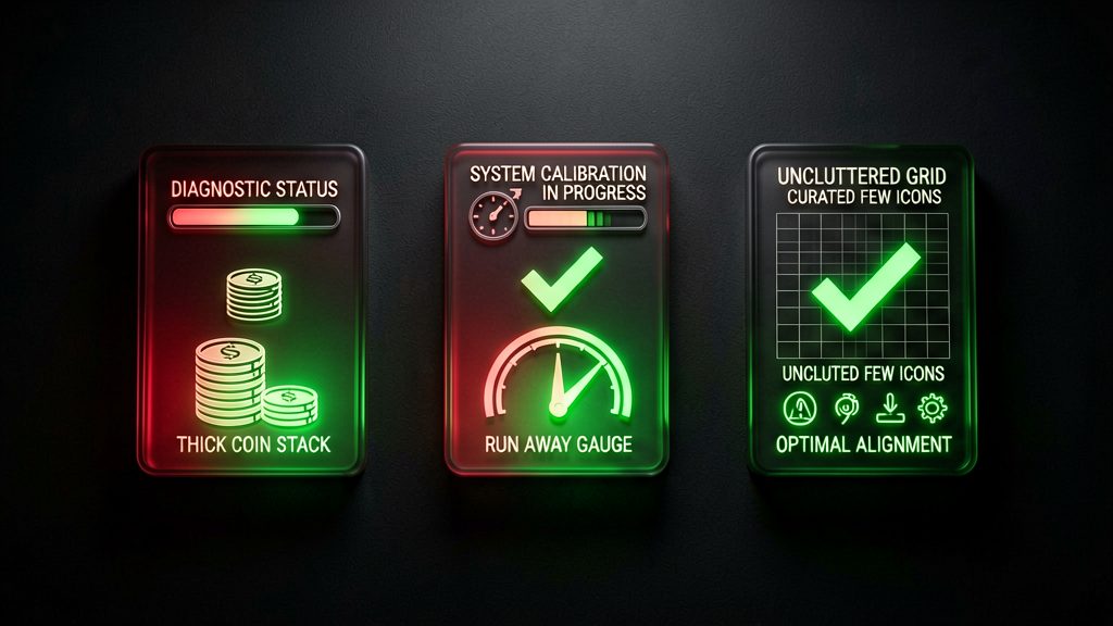 Cinematic shot of three illuminated warning markers arranged in a row on a dark surface