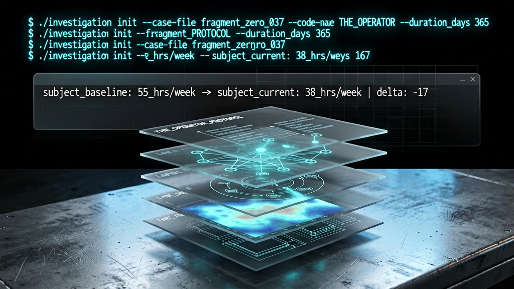 Open with terminal-aesthetic boot sequence on dark background. `$