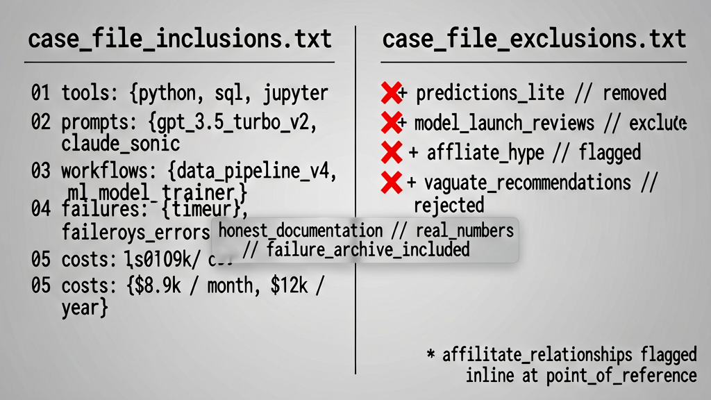 Split-screen evidence composition. Left half labeled `case_file_inclusions.txt`: terminal-style enumerated list (tools, prompts, workflows