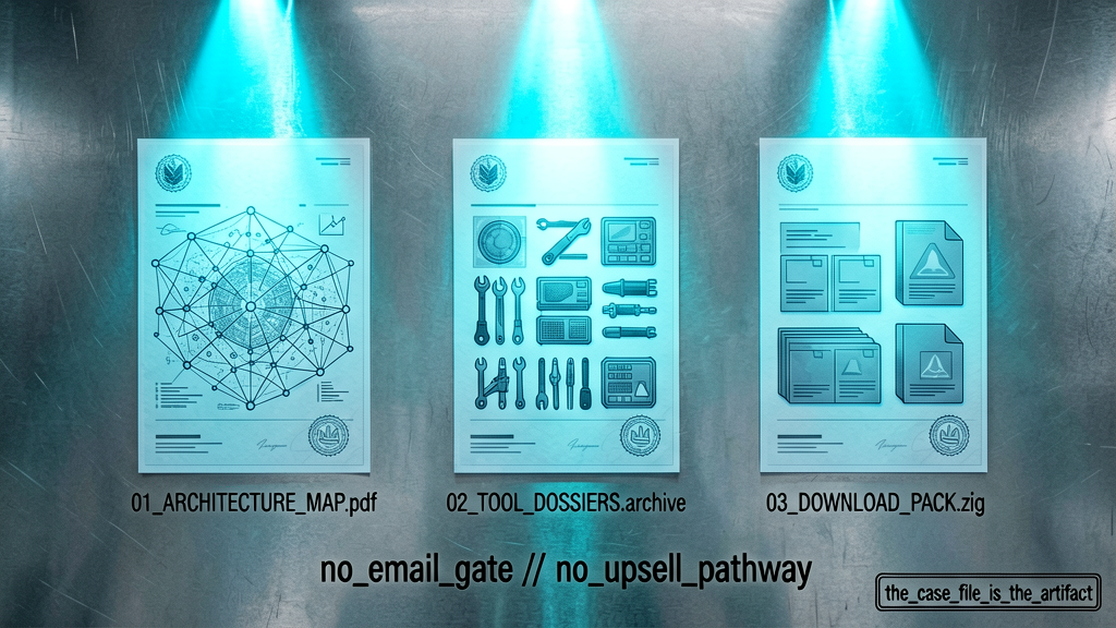 Three evidence certificates arranged on a cold metal surface, each with a different small abstract seal: `01_ARCHITECTURE_MAP.pdf`