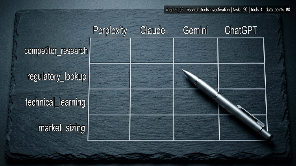 Top-down forensic shot of an empty evaluation matrix engraved on a cold slate evidence surface. Four row markers (Perplexity, Claude