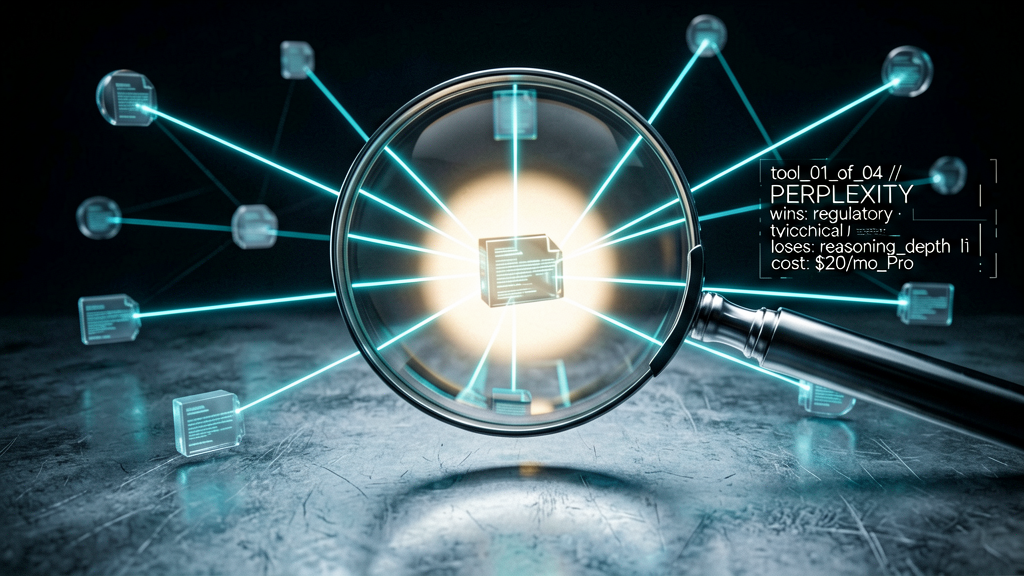Forensic-archive shot of a polished glass magnifying lens hovering over a network of glowing document nodes on cold metal surface