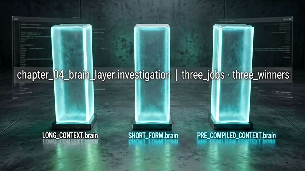 Forensic shot of three glowing architectural pillars on cold metal surface, each rendered in slightly different subtle cyan-phosphor tones