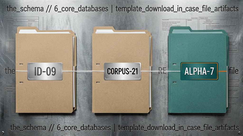 Top-down forensic shot of six neat file folders arranged in a 2x3 grid on cold metal surface