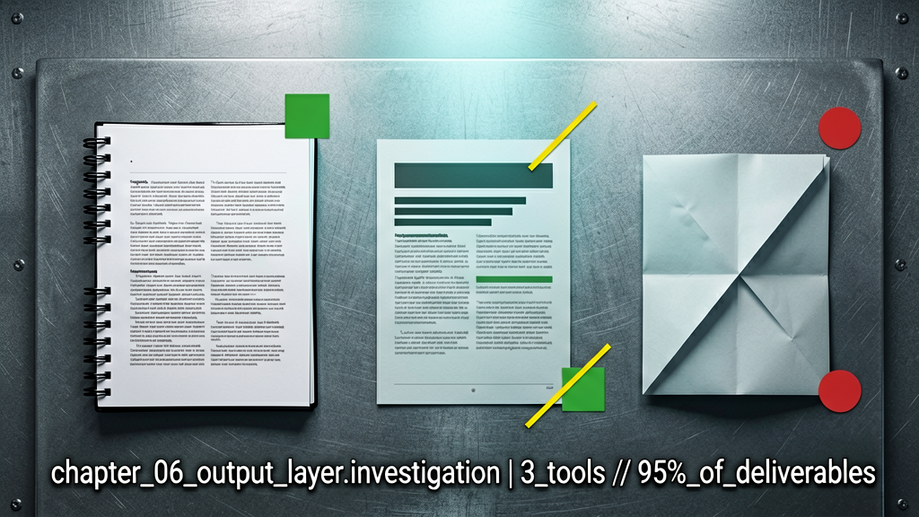 Top-down forensic shot of three distinct deliverable artifacts arranged in a row on cold metal evidence surface: a bound document