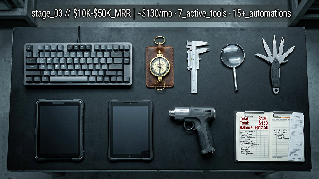 Top-down forensic shot of seven distinct tools arranged in two organized rows on cold workshop bench