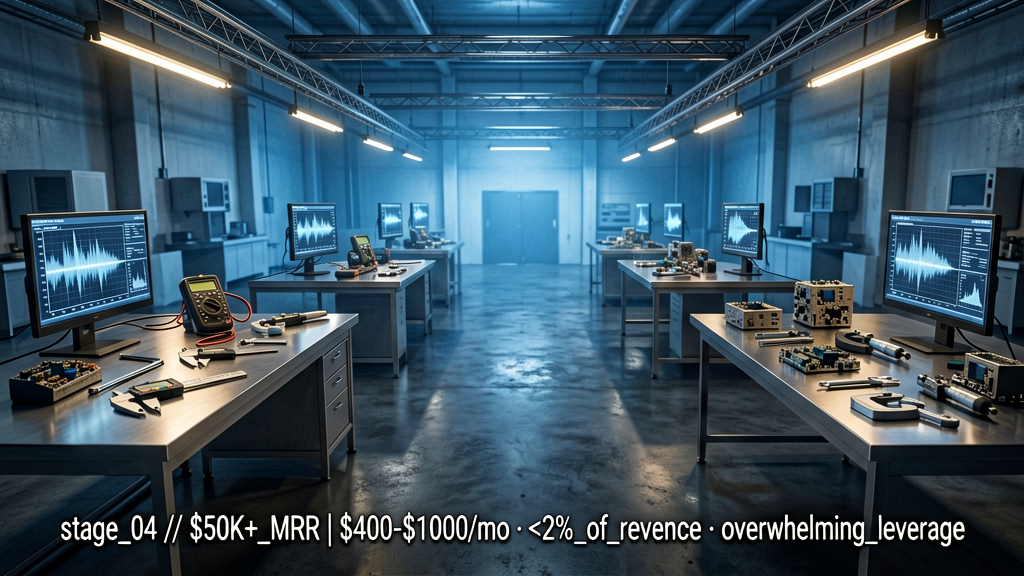 Forensic wide shot of a sophisticated workshop on cold floor with multiple workbenches visible