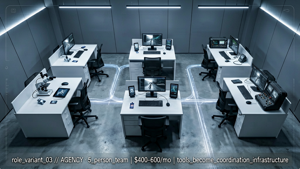 Forensic wide shot of a small agency office workspace on cold floor, with five distinct workstations arranged in an organized pattern