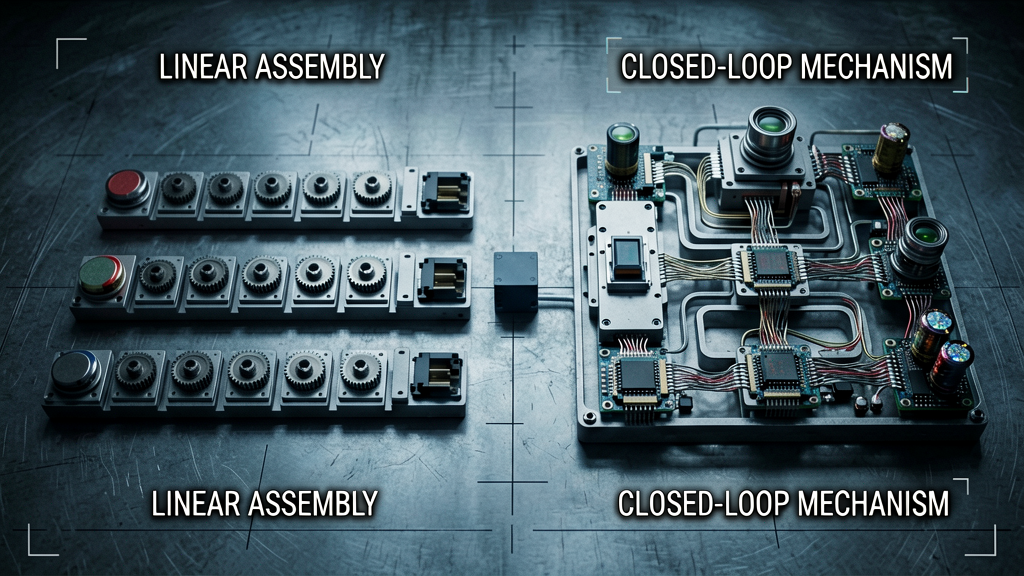 Forensic shot of two distinct mechanical systems side by side on cold metal surface