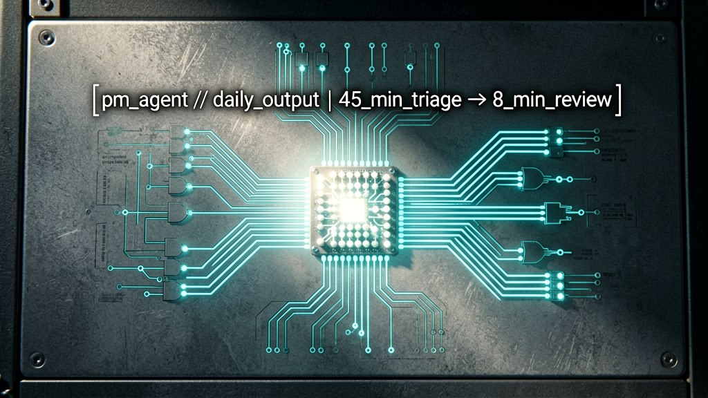 Forensic top-down shot of a sophisticated multi-stage processing system rendered as glowing cyan-phosphor circuit pathways on cold metal sur...
