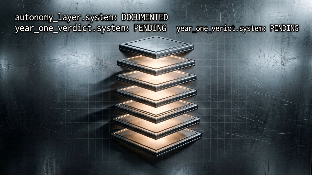 Forensic wide shot of a complete seven-tier architectural diagram on cold metal surface