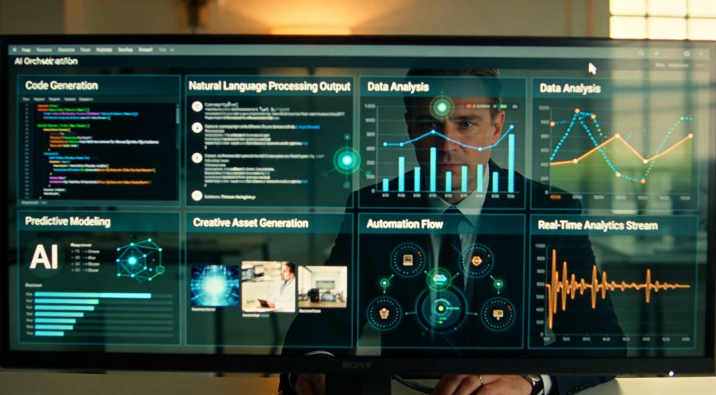 Cinematic wide shot of an exhausted professional at a cluttered desk in a dim home office at night. Multiple glowing monitors