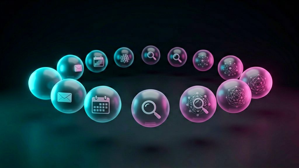 Stylized 3D render of eleven small holographic AI assistant orbs floating in a dark studio space