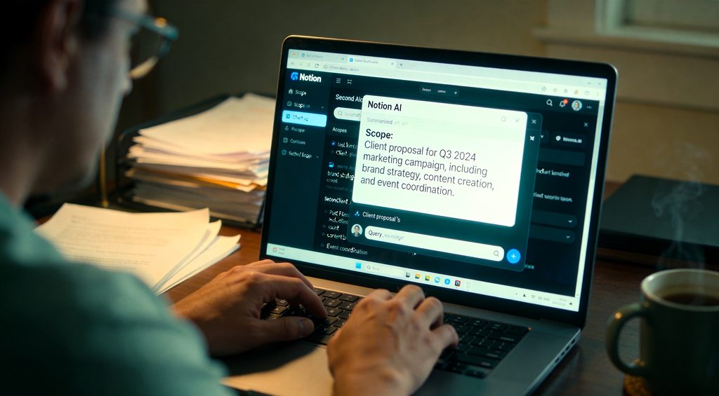 Conceptual visualization of a glowing transparent human brain made of interconnected document pages and floating text fragments