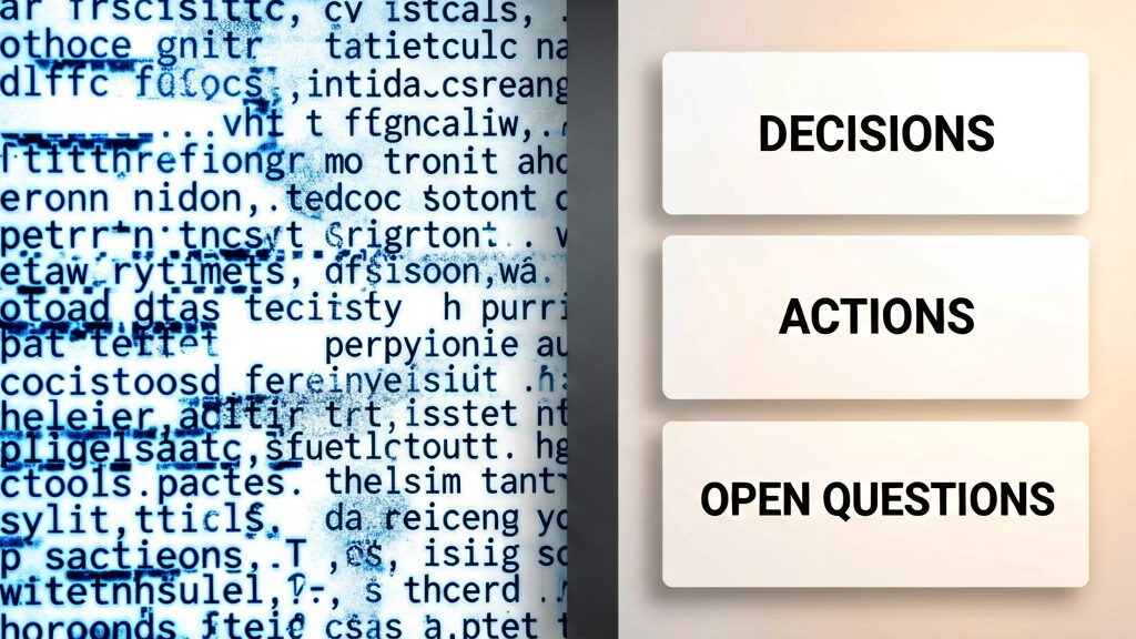 Vertical split-screen composition. Left half: a chaotic wall of dense unreadable text scrolling endlessly with overwhelming visual noise