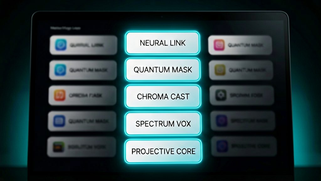 Cinematic close-up of a dark laptop screen filled with a vertical column of glowing app cards stacked on top of each other