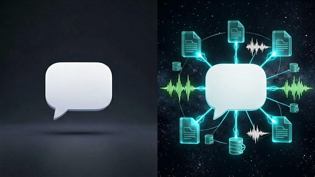 Conceptual split-screen visualization: left half shows a single empty white chat bubble floating in a dim void, isolated and minimal