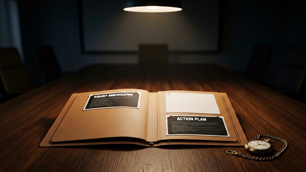 Cinematic shot of a sleek minimalist dossier folder lying open on a dark wooden conference table