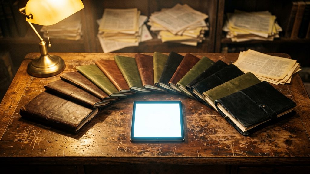 Cinematic wide shot of an old wooden library desk in a dim study