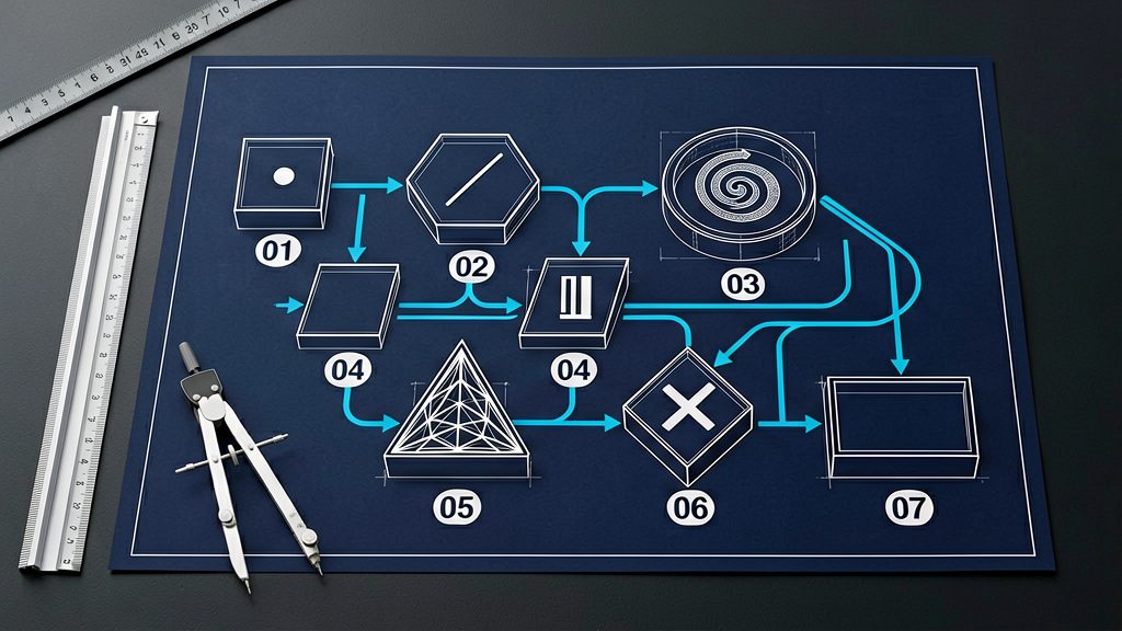 Top-down isometric view of an elegant modular blueprint laid out on dark drafting paper