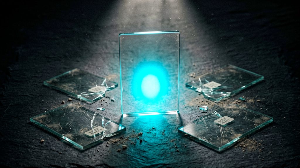 Cinematic shot of six broken or shattered glass cards scattered across a dark surface