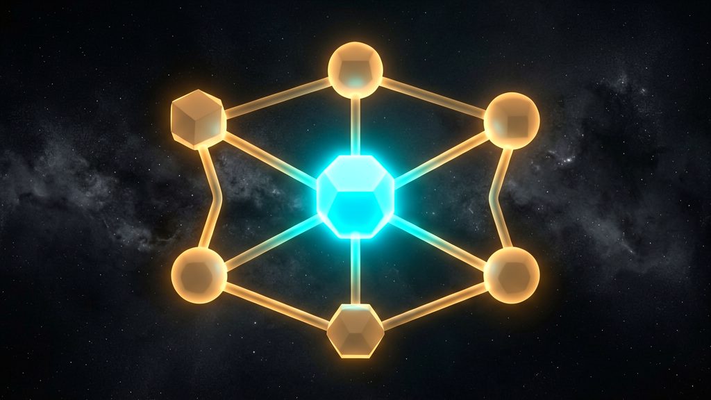 Symmetrical architectural diagram of seven glowing geometric nodes arranged in a constellation flow pattern