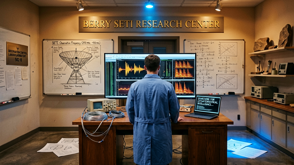 The interior of the Berkeley SETI Research Center, a junior researcher reviewing data on a monitor