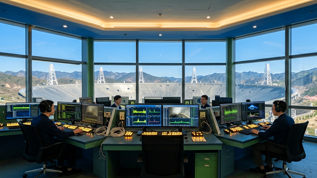 A control room at FAST, Chinese operators at consoles, multiple displays showing real-time data streams
