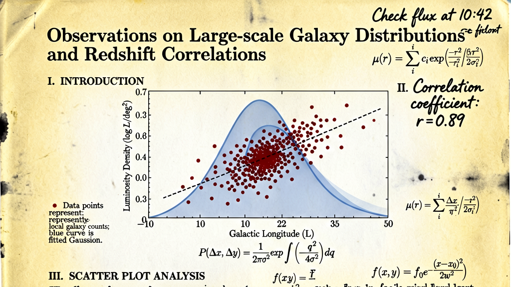 A macro close-up of an astronomical paper showing a scatter plot of galaxy distributions, annotations and Greek-letter equations visible