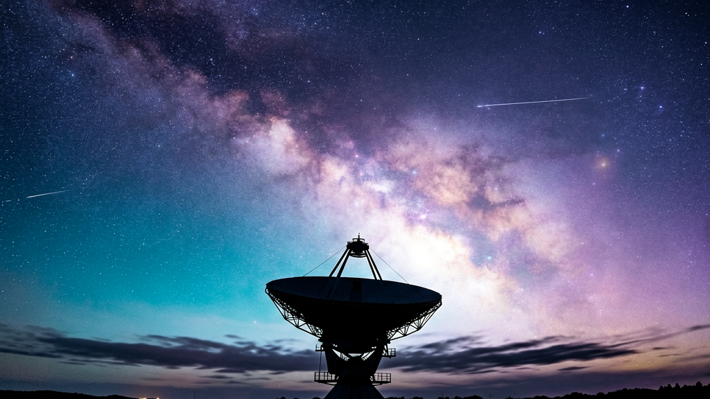 A long exposure photograph of the night sky showing the Milky Way, a silhouetted radio telescope in the foreground pointing upward