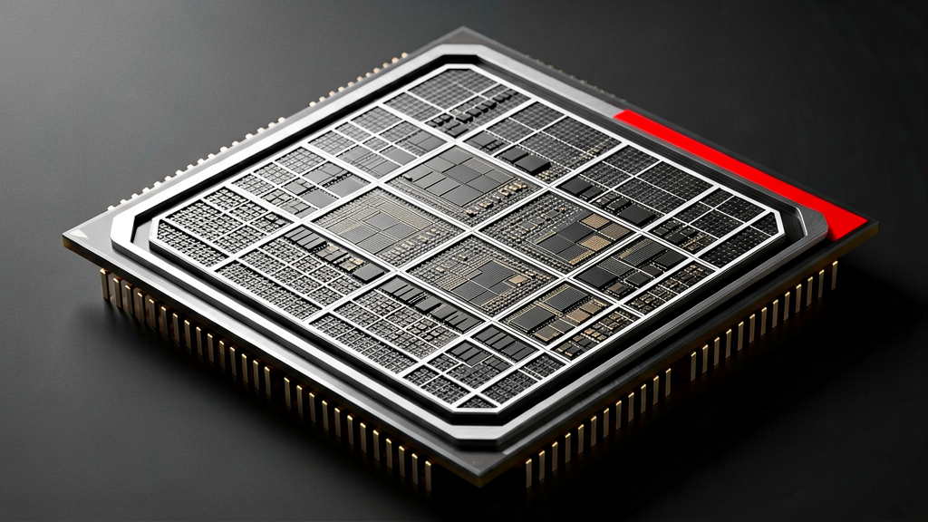 A macro close-up of a computer processor chip, silicon die visible with intricate micro-architecture