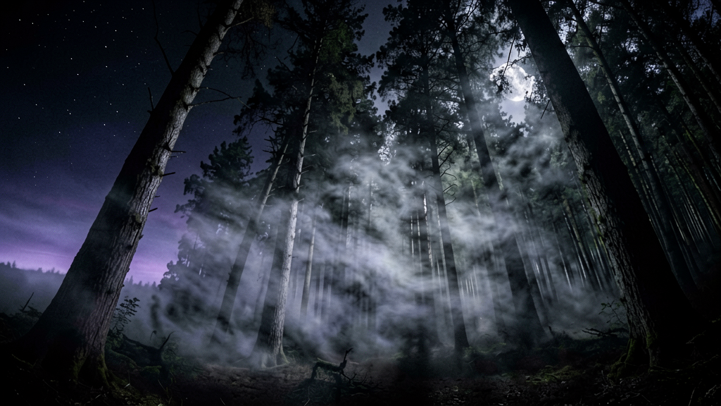 A wide shot of a forested landscape at night, tall trees silhouetted against a starlit sky, fog moving between trunks