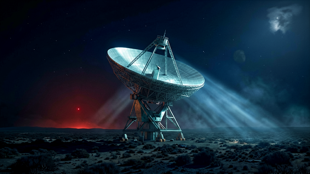 Wide shot of the massive Parkes radio telescope (Murriyang) at night, its colossal dish pointed towards a faint