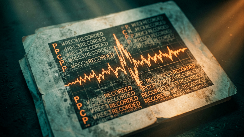 Macro shot of a section of a mysterious, slightly aged printout or data tape, showing a complex