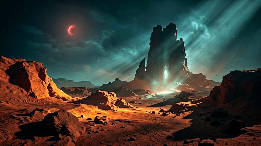 Wide shot depicting a desolate, rust-red landscape under the faint, alien glow of a red dwarf star (Proxima Centauri), with a single