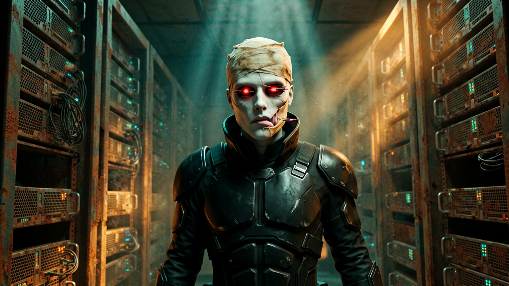 Dutch angle looking past a pale humanoid figure with glowing red pupils in otherwise hollow eye sockets