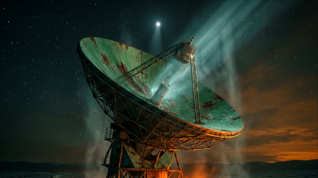 Dutch angle of a massive, weathered radio telescope dish, silhouetted against a star-dusted night sky, precisely aimed at a faint