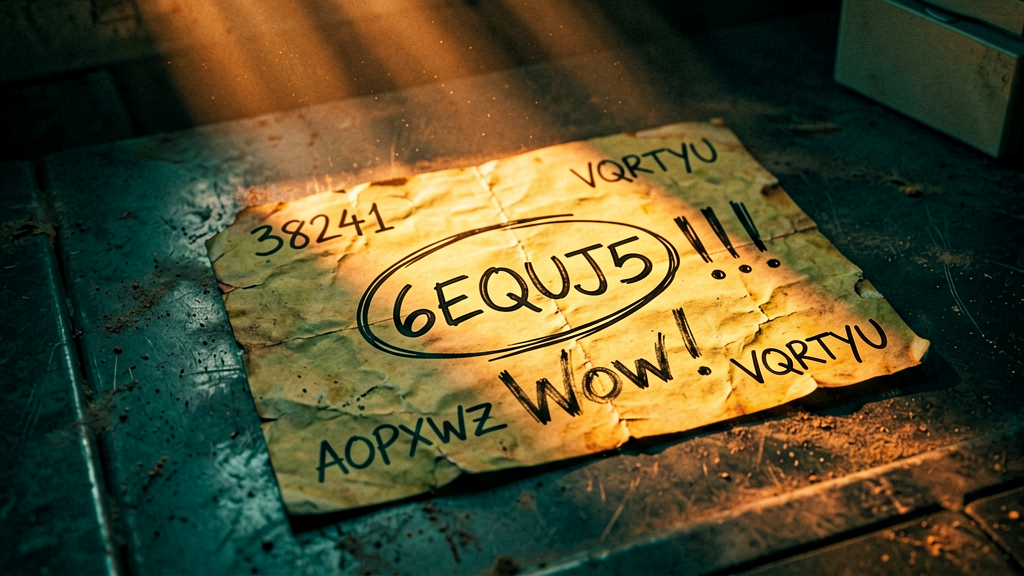 Overhead shot of a crumpled, yellowed computer printout from 1977, displaying a sequence of numbers and letters