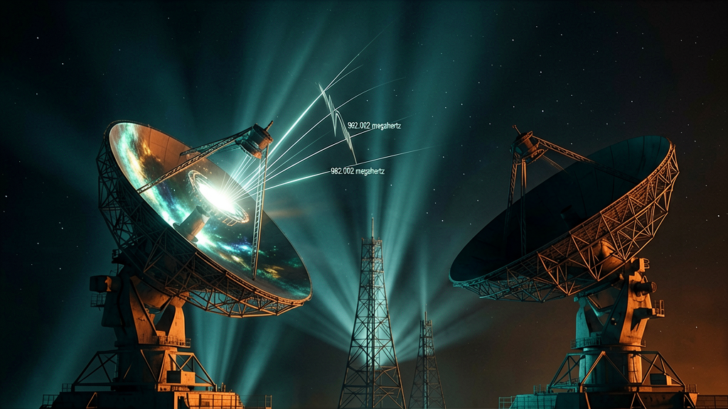 A composite wide shot showing two large radio telescopes side-by-side. The left telescope is sharply pointed towards Proxima Centauri