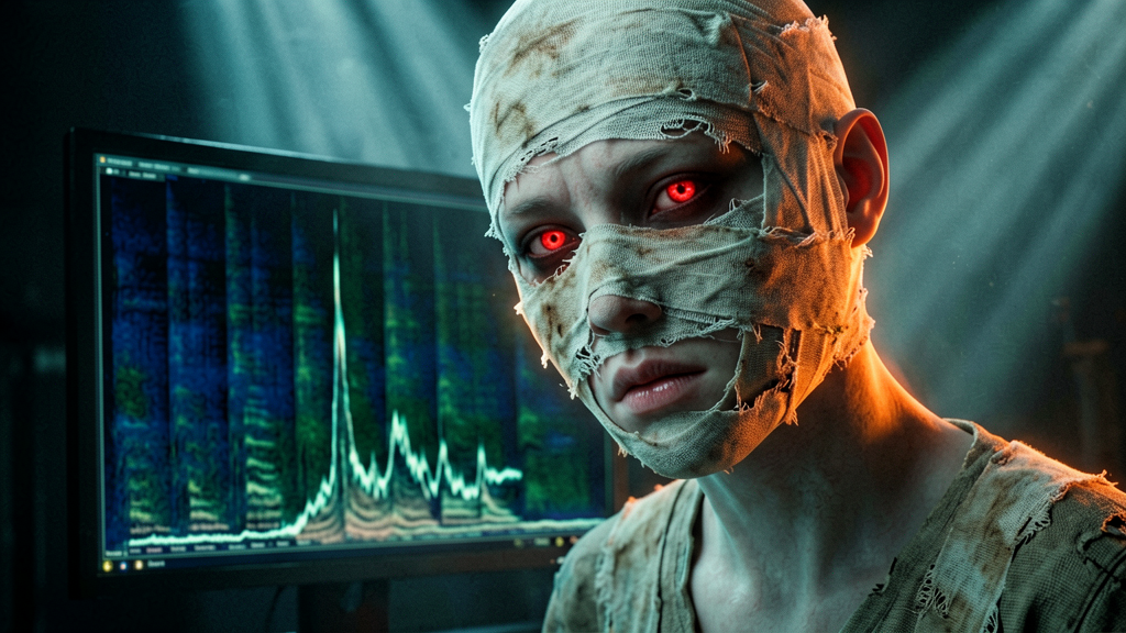A close-up, slightly dutch angle shot focusing on the glowing red pupils of the pale humanoid figure