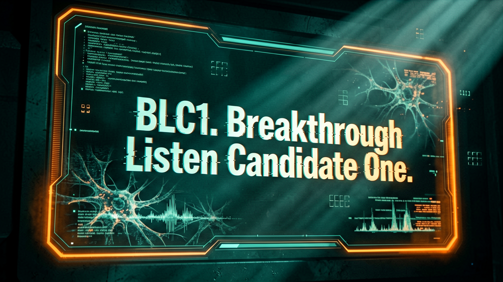 A macro shot focusing on a holographic display or a futuristic UI screen, where the stark, technical designation "BLC1