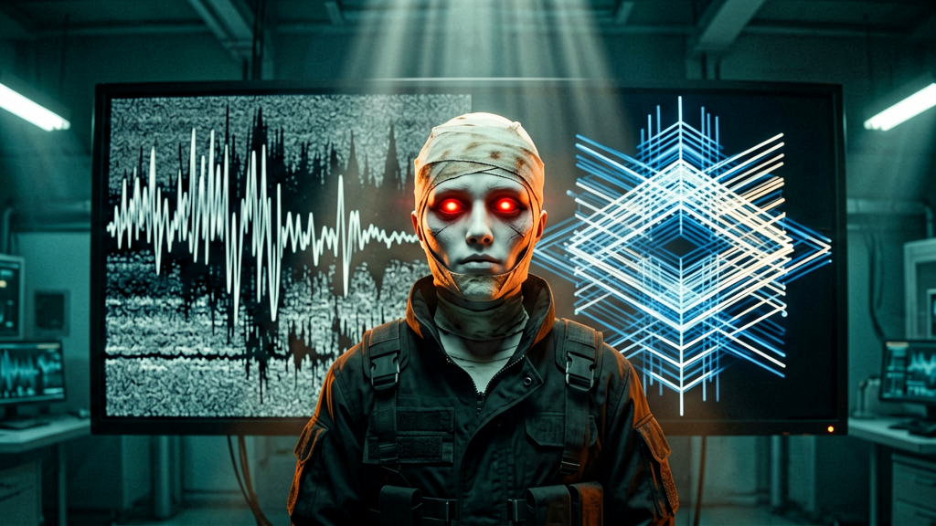 A wide shot within a high-tech, dimly lit research lab. The pale humanoid figure with glowing red pupils in otherwise hollow eye sockets