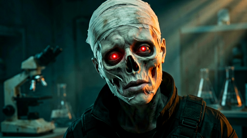A dramatic dutch angle, close-up portrait of the pale humanoid figure with glowing red pupils in otherwise hollow eye sockets
