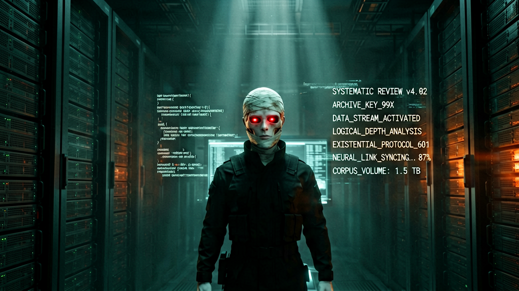An expansive wide shot of a cavernous, dimly lit data archive or server farm