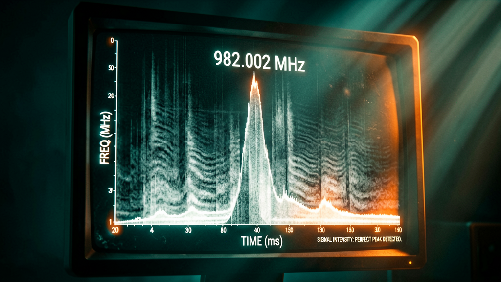 A close-up shot of a high-resolution digital spectrogram display, its surface glowing with an eerie light. A single, clean