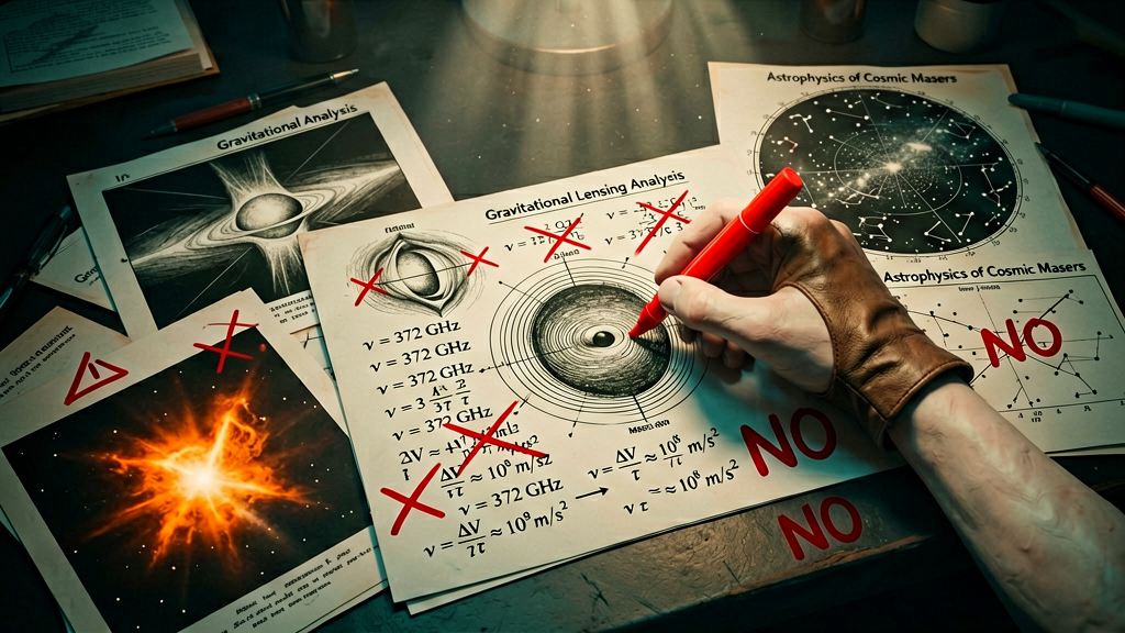 An overhead shot looking down on a cluttered research desk. The surface is strewn with detailed diagrams of gravitational lensing