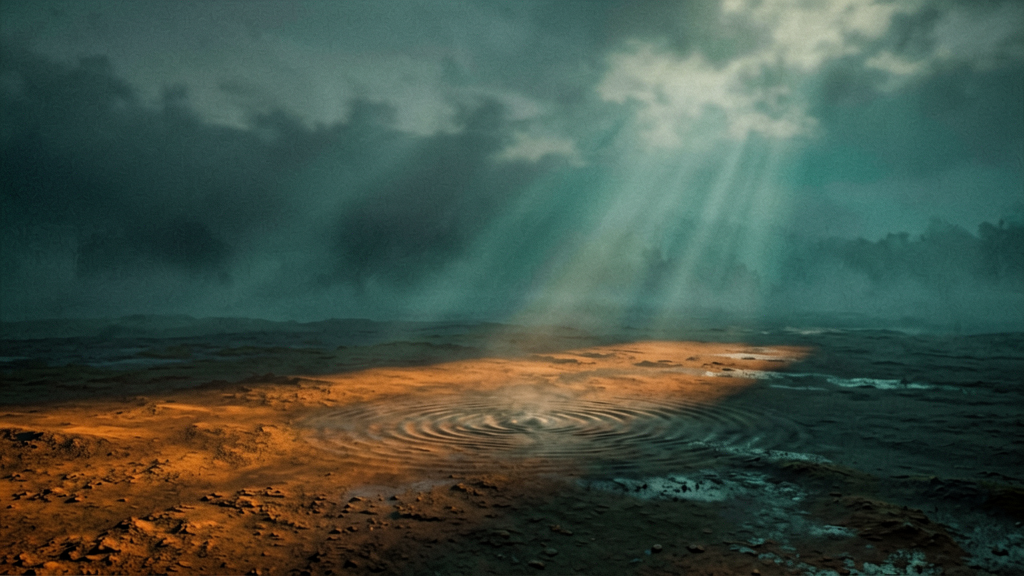 A wide shot of a desolate, fog-shrouded landscape at twilight. It could be a remote, overgrown industrial site or a stark, windswept plain