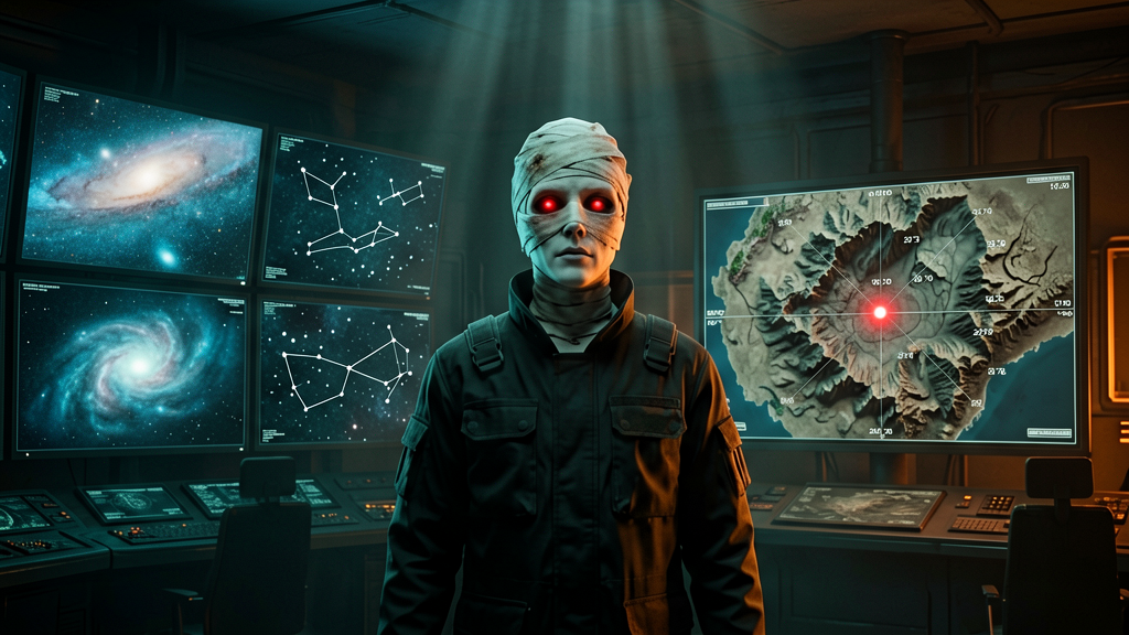 A wide shot inside a vast, dark observatory control room. The pale humanoid figure with glowing red pupils in otherwise hollow eye sockets