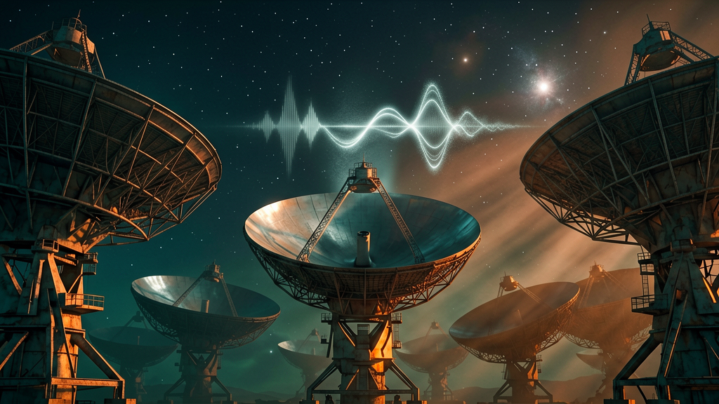 Wide shot of a colossal radio telescope array under a star-dusted night sky, its massive dishes pointed upwards. A ghostly